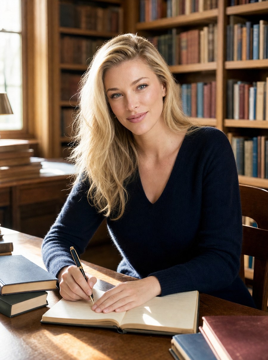 Nicole Junkerman writing in a notebook at a sunlit library desk lined with books.