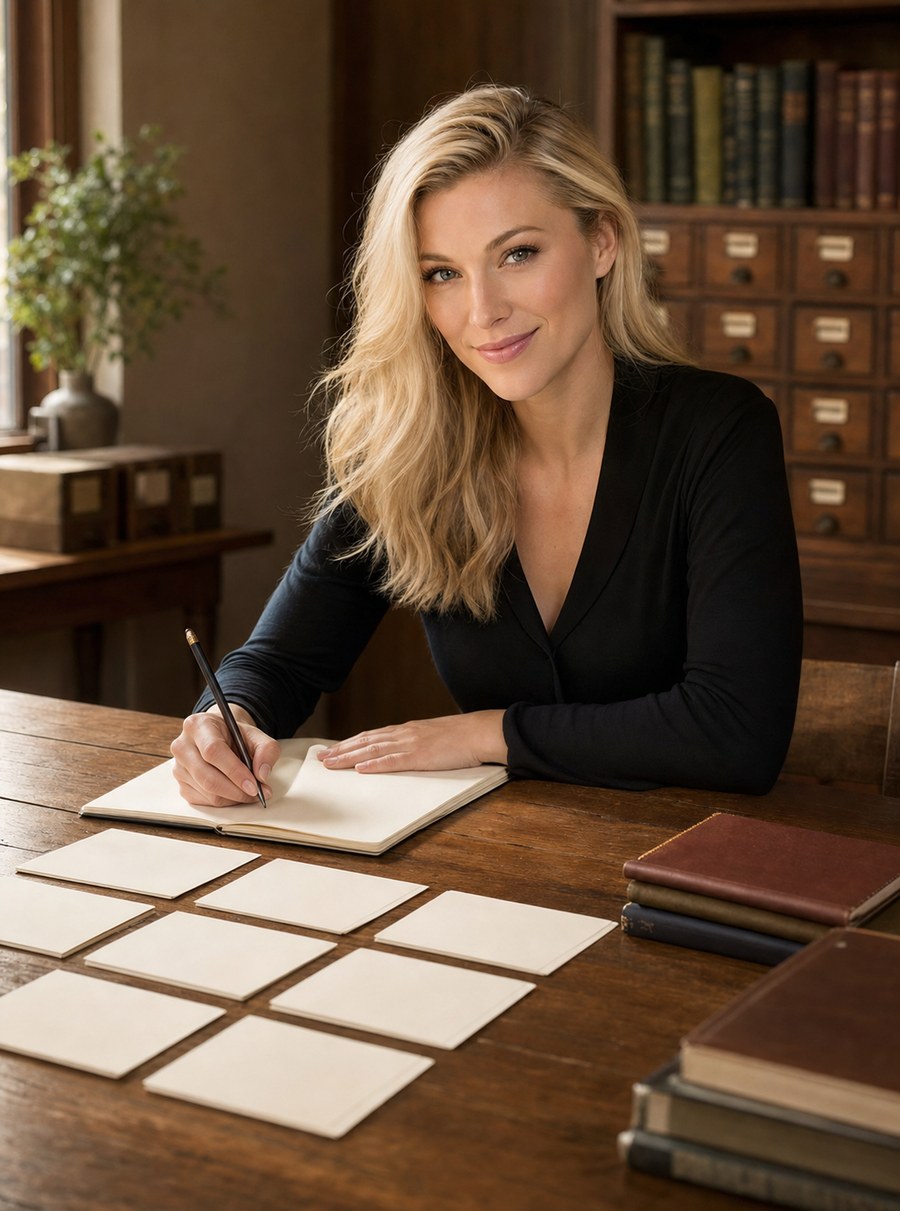 Open notebook and loose pages on a wooden desk.