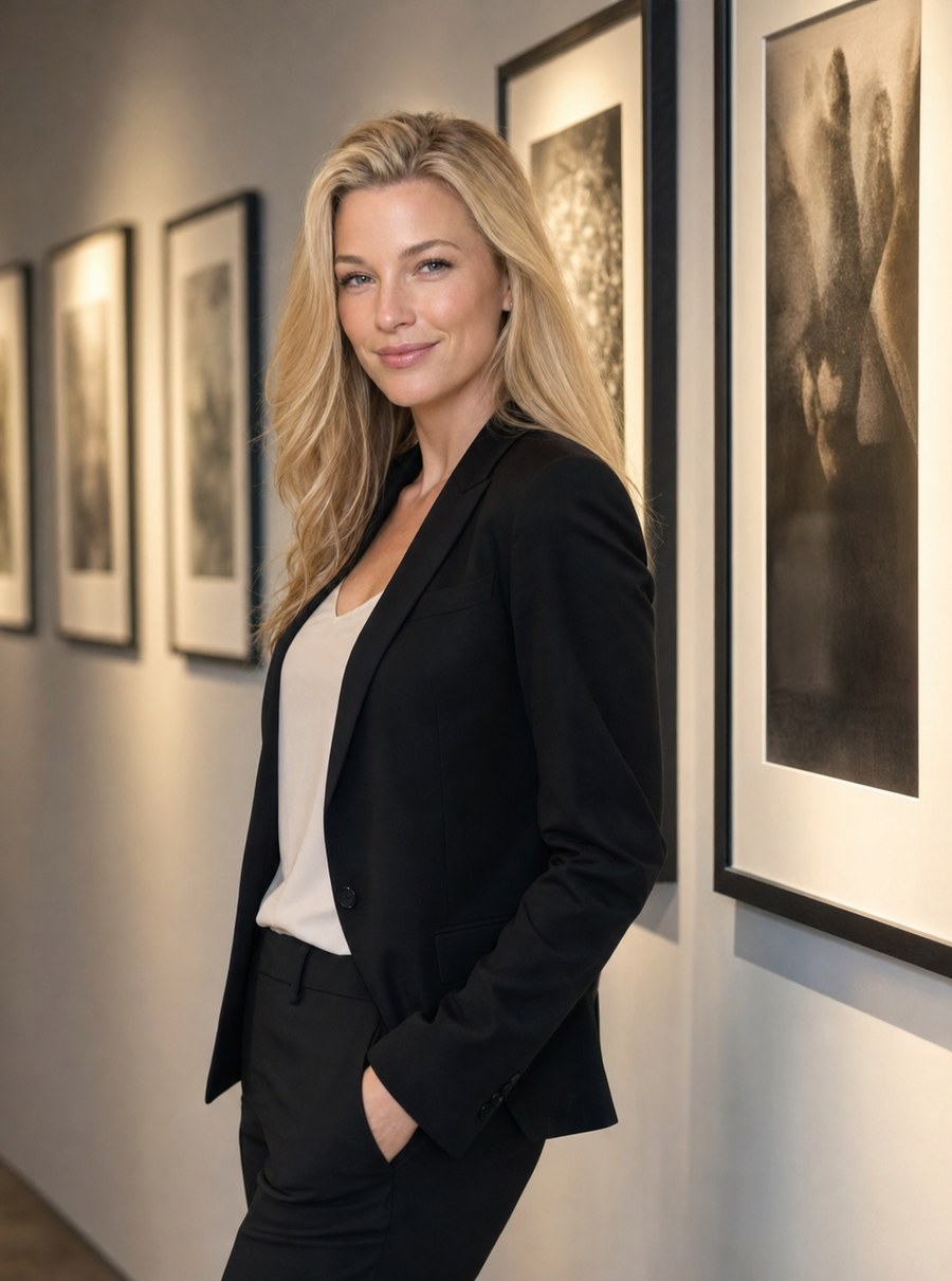 Nicole Junkerman standing beside a wall of framed pictures.