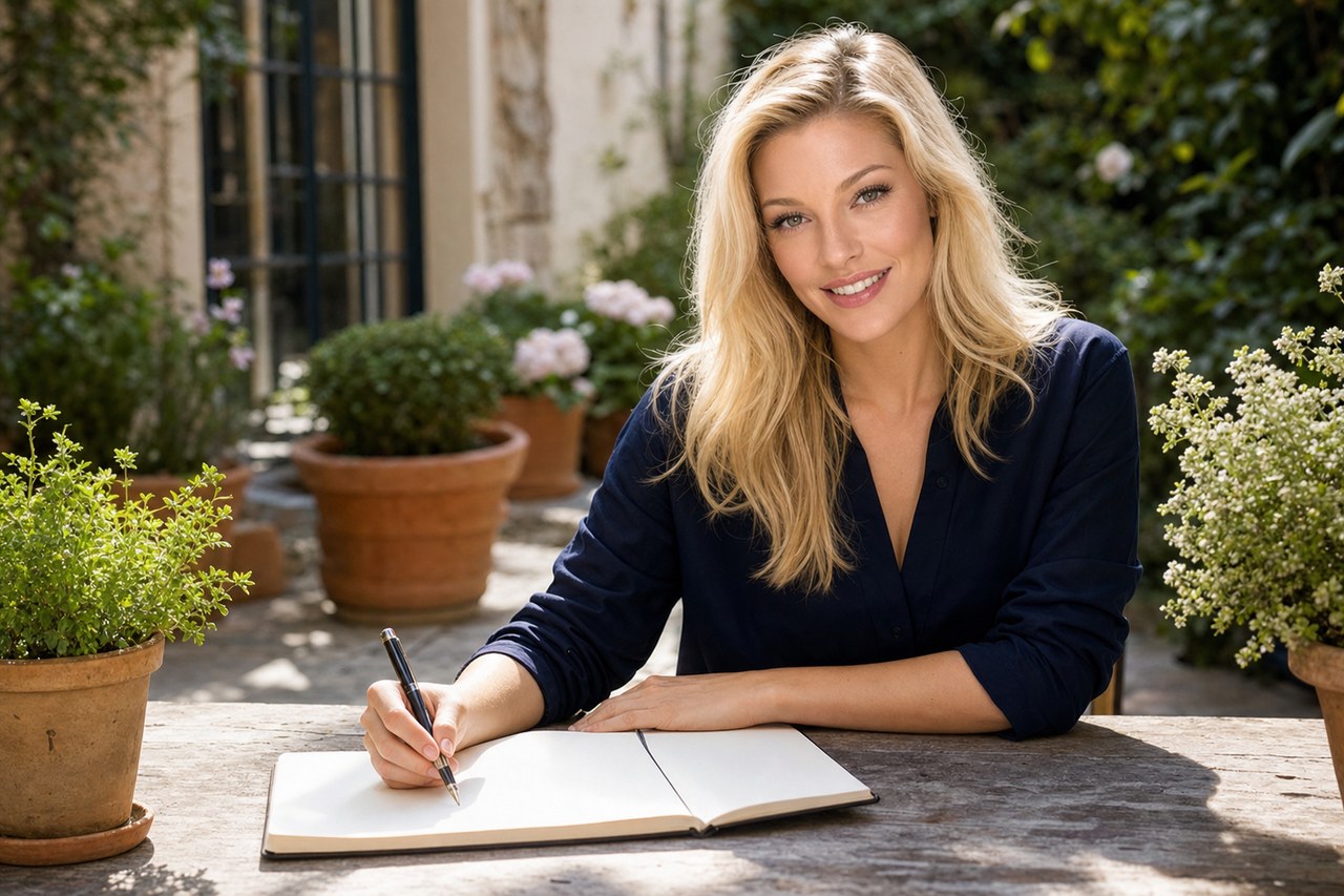 Nicole Junkerman writing at a sunlit courtyard table among potted plants.